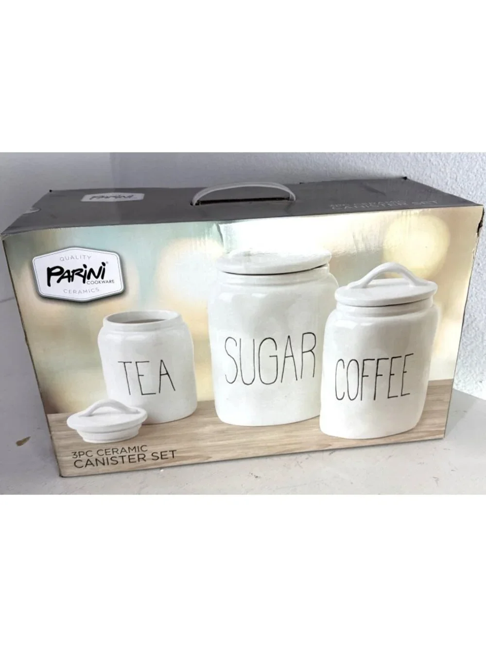 Parini Cookware 3 Piece Ceramic Canister Set Tea Sugar and Coffee, New In Box